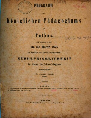 Programm des Königlichen Pädagogiums zu Putbus. 1874