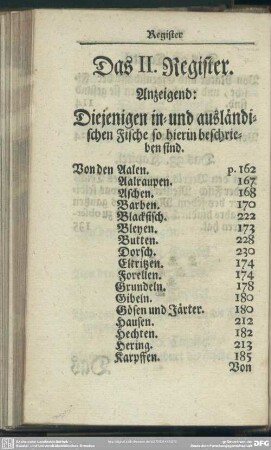Das II. Register Anzeigend: Diejenigen in- und ausländischen Fische so hierin beschrieben sind