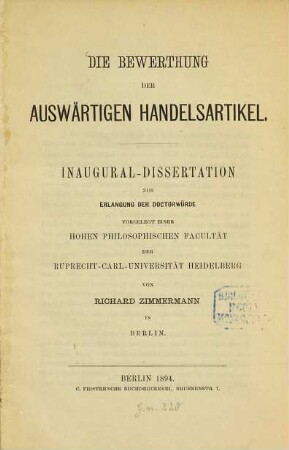 Die Bewerthung der auswärtigen Handelsartikel