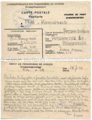 Vordruck-Postkarte von Harald von Koenigswald aus dem Kriegsgefangenenlager Sarrebourg an seine Frau mit der Hoffnung auf seine baldige Entlassung - Familienkonvolut