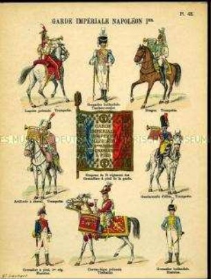 Uniformdarstellung, Trompeter der Polnischen Ulanen, der Dragoner, Artillerie zu Pferde und der Elite-Gendarmerie, Tambour-Major und Musiker der Holländischen Grenadiere, Musiker der Grenadiere zu Fuß und Paukist der Polnischen Chevaulegers, Regimentsfahne des 2. Garde-Grenadier-Regiments zu Fuß, Erstes Kaiserreich Frankreich, 1804/1814.