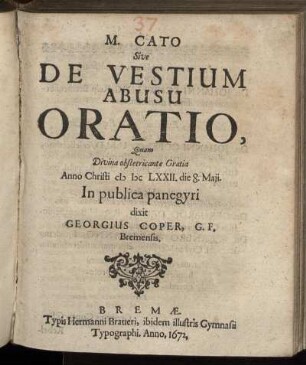 M. Cato Sive De Vestium Abusu Oratio