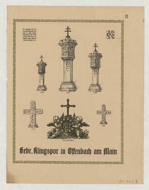Seite (73) eines Buches mit Vignetten für Gedenksteine : Werbung für Gebrüder Klingspor in Offenbach am Main, rückwärtig als Zeichenpapier verwendet