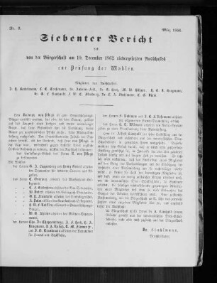 Nr. 8. Siebenter Bericht des von der Bürgerschaft am 10. December 1862 niedergesetzten Ausschusses zur Prüfung der Wahlen. März 1864.