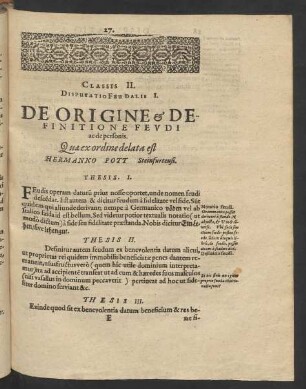 Disputatio Feudalis I. De Origine et Definitione Feudi ac de personis.