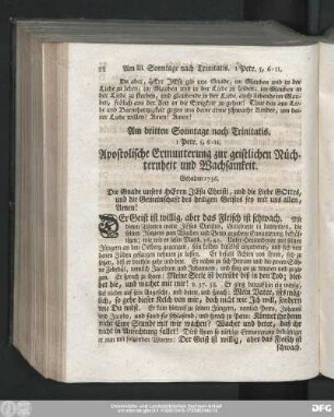 Am dritten Sonntage nach Trinitatis. 1 Petr. 5, 6-11. Apostolische Ermunterung zur geistlichen Nüchternheit und Wachsamkeit.