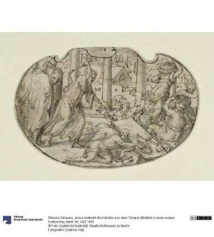 Jesus vertreibt die Händler aus dem Tempel (Bildfeld in einer ovalen Kartusche)