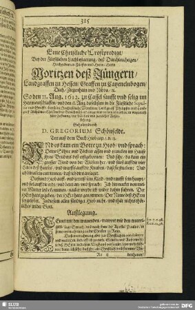 Eine Christliche Trostpredigt, Herrn Moritzen deß Jüngeren L. zu Hessen