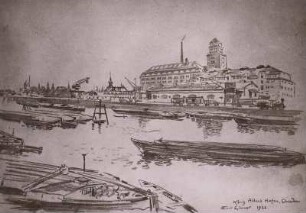 Dresden-Friedrichstadt, König Albert-Hafen, Ansicht, Zeichnung von Emil Limmer, 1922. Stadtmuseum Dresden