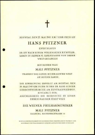 5-10-16-4.0000: Pfitzner, Professor Hans, Generalmusikdirektor, Komponist; diverse Schreiben ff.: Todesanzeige Pfitzners