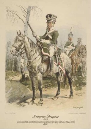 Erinnerungsblatt zum 100jährigen Jubiläum des Ulanen-Regiments (König Wilhelm I.) Nr. 20, 1909, drei Ulanen in Uniform mit Mütze und Ausrüstung zu Pferd