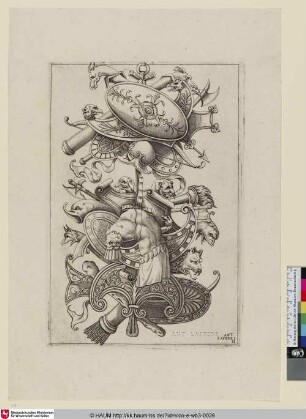 [Cette planche offre un seul trophée, vers la bas duquel on remarque une cuirasse; Trophy with a Breast-Plate leaning towards the Left; Trophäen mit einem Brustpanzer]