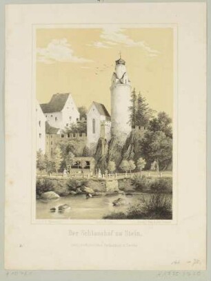 Das Schloss (Burg) Stein (Hartenstein-Stein) südöstlich von Zwickau am Ufer der Zwickauer Mulde von Südosten, aus dem Album der Obererzgebirgischen Staats-Eisenbahn
