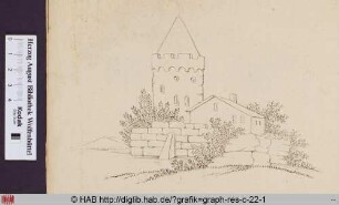 Haus mit Turm und Mauer.