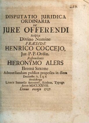 Disputatio Juridica Ordinaria De Jure Offerendi