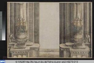 Die Ehrenpforte für Kaiser Maximilian I., Einfassung des Hauptportals, linkes Mittelstück (Springinklee od. Traut n. Dürer) und rechtes Mittelstück (Dürer)