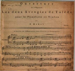 Ouverture de l'opéra: Les deux aveugles de Toléde : pour le pianoforte et violon