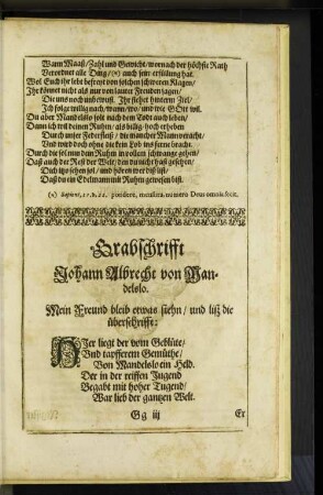 Grabinschrifft Johann Albrecht von Mandelslo.