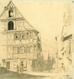 Schiltach Giebelfassade Gasthof zum Adler mit Blick in die Hauptstraße