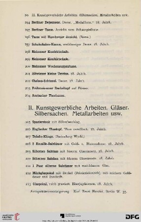 II. Kunstgewerbliche Arbeiten. Gläser. Silbersachen. Metallarbeiten usw. (Nr. 205-408)