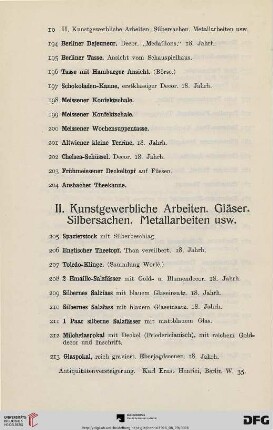 II. Kunstgewerbliche Arbeiten. Gläser. Silbersachen. Metallarbeiten usw. (Nr. 205-408)