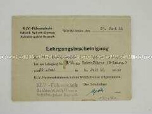 Bescheinigung über die Teilnahme an einem Lehrgang für Führungskräfte der Kinderlandverschickung