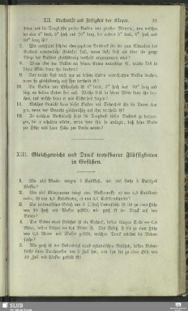 XIII. Gleichgewicht und Druck tropfbarer Flüssigkeiten in Gefäßen