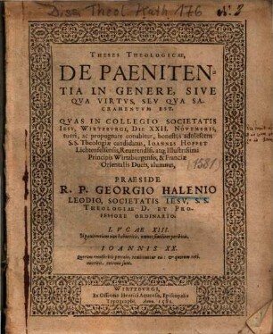 Theses Theologicae, De Paenitentia In Genere, Sive Qva Virtvs, Sev Qva Sacramentvm est