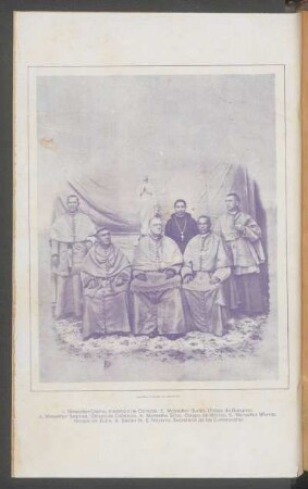 [Fotografía del arzobispo de Caracas, de los obispos y el secretario de las conferencias] : 1. Monseñor Castro, Arzobispo de Caracas. 2. Monseñor Durán, Obispo de Guayana. 3. Monseñor Sendrea, Obispo de Calabozo. 4. Monseñor Silva, Obispo de Mérida. 5. Monseñor Marvez, Obispo del Zulia. 6. N. E. Navarro, Secretario de las Conferencias