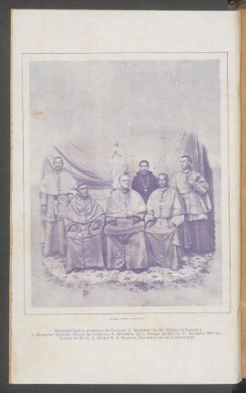 [Fotografía del arzobispo de Caracas, de los obispos y el secretario de las conferencias] : 1. Monseñor Castro, Arzobispo de Caracas. 2. Monseñor Durán, Obispo de Guayana. 3. Monseñor Sendrea, Obispo de Calabozo. 4. Monseñor Silva, Obispo de Mérida. 5. Monseñor Marvez, Obispo del Zulia. 6. N. E. Navarro, Secretario de las Conferencias