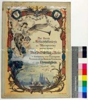 Ernennungsurkunde des Vereins der Schlachthoftierärzte der Rheinprovinz für den Veterinär Robert von Ostertag zum Ehrenmitglied