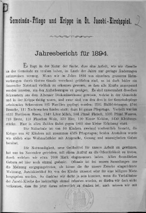 1894(1895): Gemeinde-Pflege und Krippe im St.-Jacobi-Kirchspiel : Jahresbericht