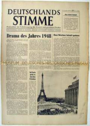 Wochenzeitung der "Volksbewegung für Einheit und gerechten Frieden" zu den Differenzen zwischen den Alliierten um die europäische Nachkriegsordnung