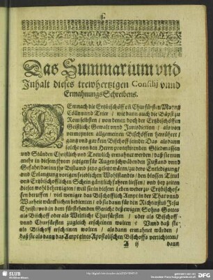 Das Summarium und Inhalt dieses trewhertzigen Consilij unnd ErmahnungsSchreibens