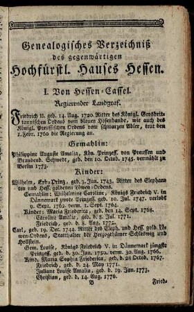 Genealogisches Verzeichniß des gegenwärtigen Hochfürstl. Hauses Hessen