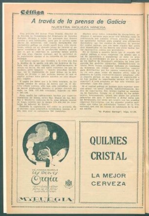 A través de la prensa de Galicia : Nuestra riqueza minera. [De "El Pueblo Gallego", Vigo, 8/1/29.]