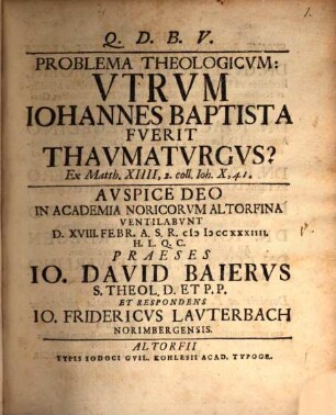 Problema theologicum: Utrum Johannes Baptista fuerit thaumaturgus