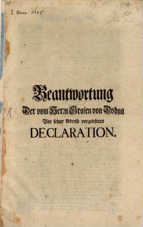 Beantwortung Der vom Herrn Grafen von Dohna Vor seiner Abreise vorgelesenen Declaration