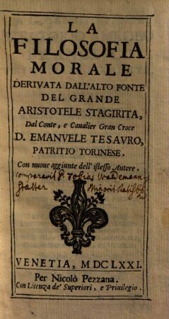 La filosofia morale derivata dall'alto fonte del grande Aristotele Stagirita