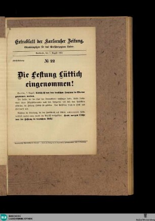 Karlsruher Zeitung, Extrablatt No. 22, Die Festung Lüttich eingenommen