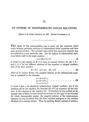 Paper XI. On Systems of Inderterminate Linear Equations.