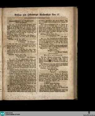 Offenburger Wochenblatt, Beilage zum Offenburger Wochenblatt