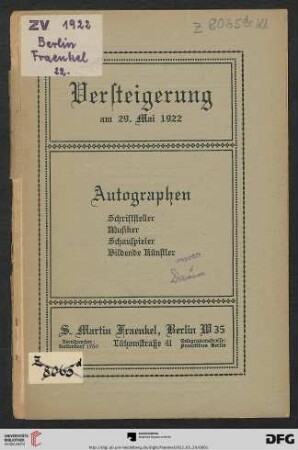 Autographen : Schriftsteller, Musiker, Schauspieler, bildende Künstler ; [Versteigerung: 29. Mai 1922]