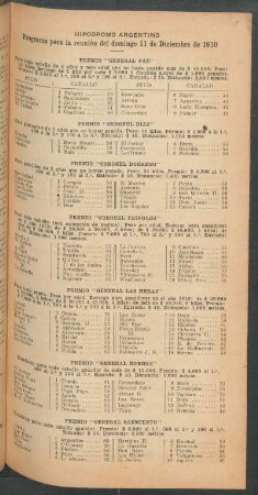Hipódromo Argentino - Programa para la reunión del domingo 11 de Diciembre de 1910