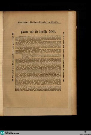 Karlsruher Zeitung, Deutscher Flotten-Verein in Berlin. Samoa und die deutsche Flotte
