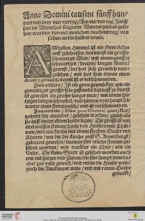 Anno Domini tausent fuenffhundert vnd drey vnd viertzig / Am vierden tag Junij sint im Wisenthal folgende Wunderzeichen gesehen worden [...]