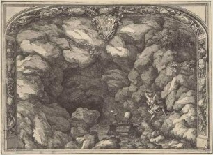 Bühnenbild zur Oper "La Caduta del Regno dell’Amazzoni" (erster Akt, Szene 1: Herkules in einer Grotte), aus der 1690 in Rom publizierten Edition des Librettos