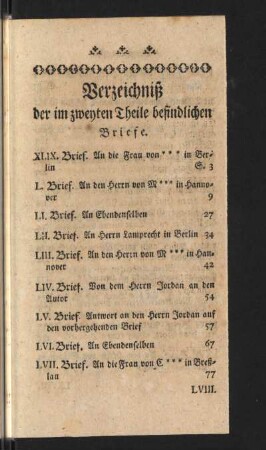 Verzeichniß der im zweyten Theile befindlichen Briefe