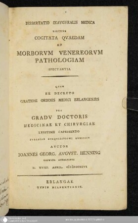 Dissertatio Inavgvralis Medica Sistens Cogitata Qvaedam Ad Morborvm Venereorvm Pathologiam Spectantia