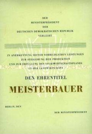 Urkunde zum Ehrentitel "Meisterbauer", in Mappe